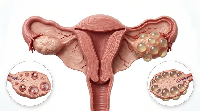Anatomical illustration of the female reproductive system showing a healthy ovary and an ovary with polycystic ovary syndrome pcos isolated on white background