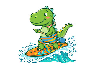 Cute cartoon dinosaur surfing on a paddleboard