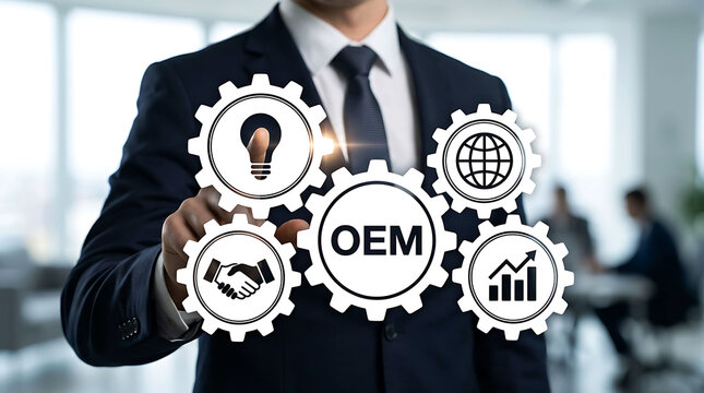 Businessman pressing OEM gear icon Original Equipment Manufacturer business concept