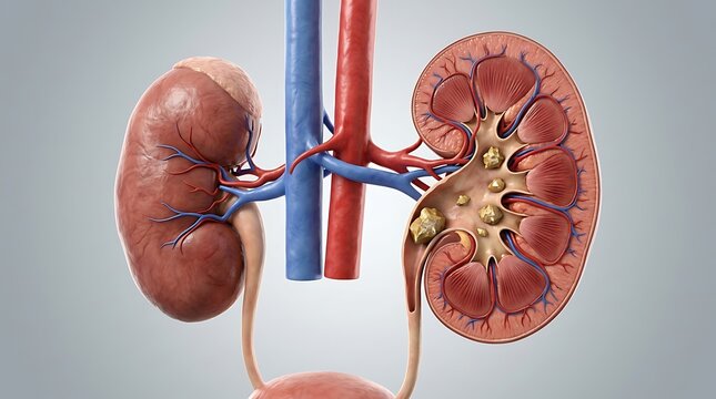 3d medical illustration of human kidneys with kidney stones inside the renal pelvis and calyces