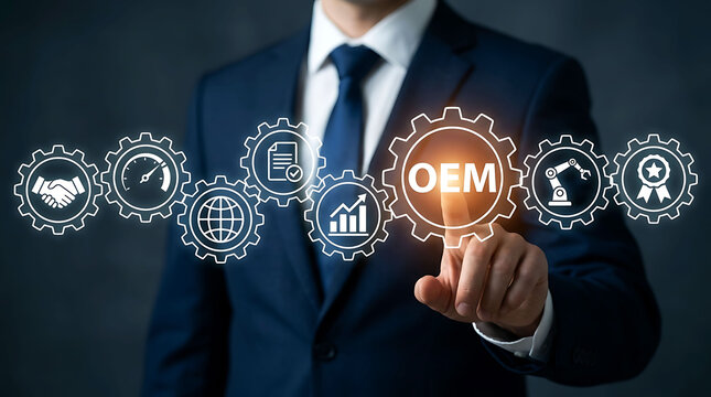 Businessman Touching OEM Gear Icon Original Equipment Manufacturer Industry Process