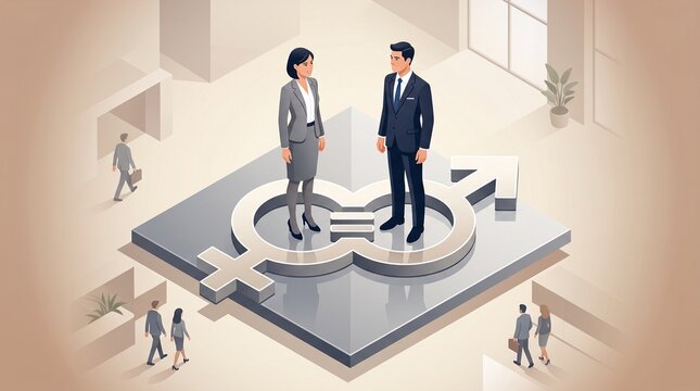 Gender equality concept with business people, male and female professionals standing on equal sign symbols, corporate workplace diversity and inclusion