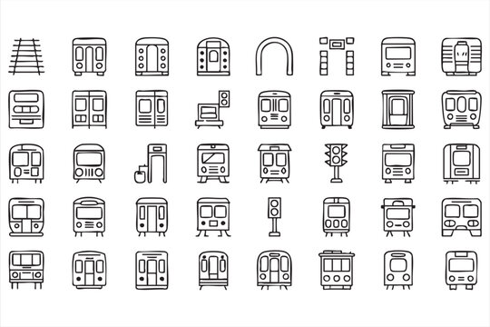 Subway line icons in editable stroke style. Metro train, railway station, rail transport, commuter transit, railroad signal collection. Editable stroke. Vector.