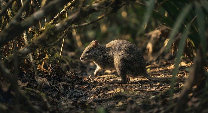 Longnosed potoroo foraging in the forest undergrowth