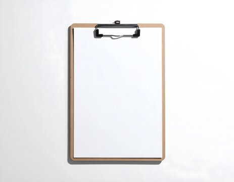 Wooden clipboard mockup with blank white paper sheet on white background