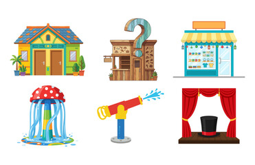 Naklejka premium Set of Colorful Cartoon Amusement Park Facilities and Attraction Icons Including Buildings and Water Play Equipment