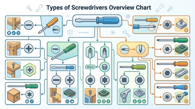 Types of screwdrivers and screw head drive patterns overview chart