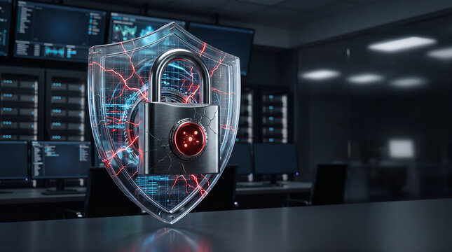 Cybersecurity Data Breach With Cracked Padlock Shield In Security Operations Center