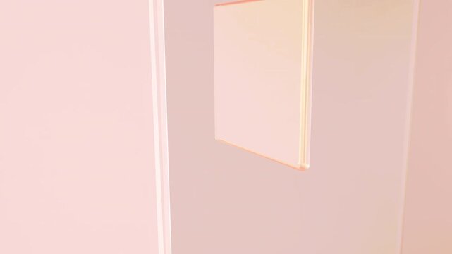 Transparent crystal glass panels flowing in a seamless abstract wave. Layered translucent rectangles with warm orange and yellow gradient reflections and soft light refraction on transparent backgroun