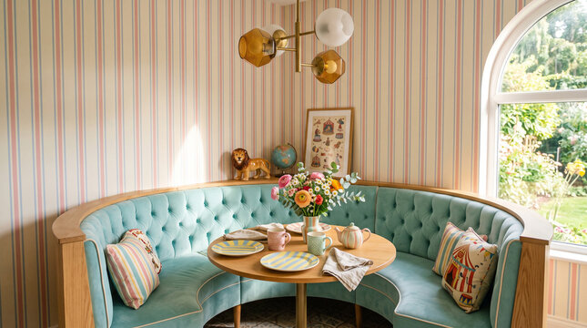retro circus breakfast nook with turquoise booth and wooden table