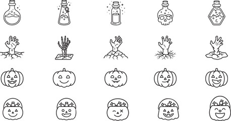 Halloween icon set collection with pumpkin zombie hand and magic potions. © Sudas