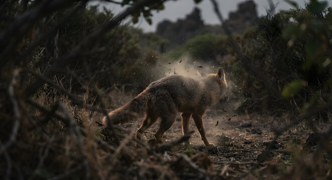 Wild fox shaking off dust in a natural mountain habitat