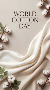 Elegant minimalist fabric display and natural cotton bolls for World Cotton Day celebration