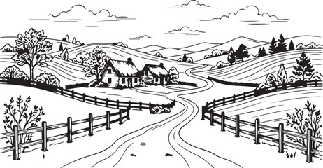 Fototapeta premium Two cozy houses on a winding country road at night