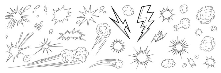 Hand-drawn comic book style explosion, impact, and speed effect black ink outlines on white background © Bappy