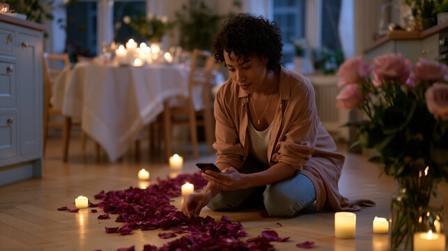 Woman kneeling on a kitchen floor arranging rose petals into a trail toward a candlelit dining table while checking her phone timer and smoothing the tablecloth one final time