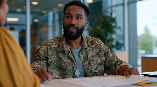 Returning veteran enrolling in continuing education vocational retraining program at community college admissions desk, paper enrollment form and GI benefits folder spread across