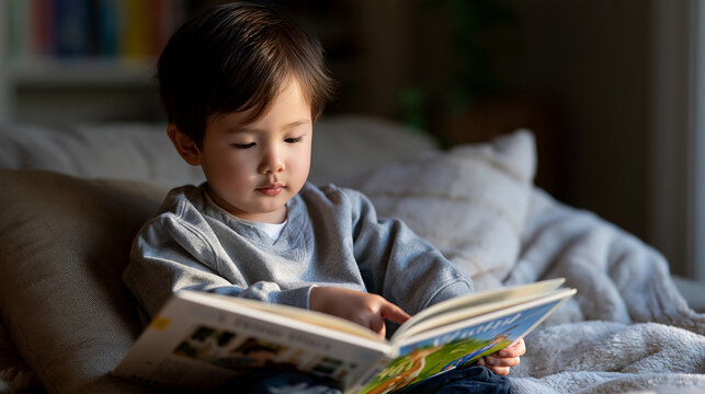 Bilingual toddler pointing at picture book images while a parent says words in both languages, childhood language learning at home, cozy reading nook, twilight hour domestic