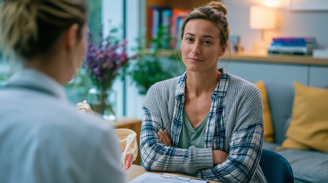 Woman in her late thirties seated in a uterine prolapse specialist office, a pelvic model on the desk between doctor and patient, the woman's posture guarded but attentive as she