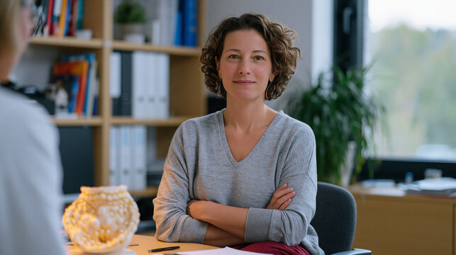 Woman in her late thirties seated in a uterine prolapse specialist office, a pelvic model on the desk between doctor and patient, the woman's posture guarded but attentive as she