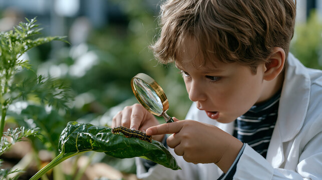 Child pressing a magnifying glass to a caterpillar on a leaf in the backyard, mouth open in amazement, September afternoon science curiosity, homeschool nature study, childhood
