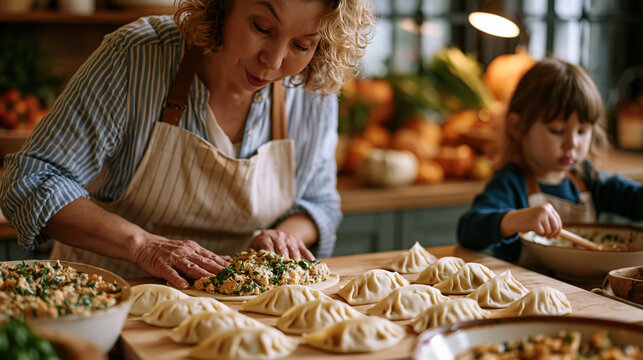 Home cook in an apron pressing herb-seasoned filling into hand-formed pastry pockets on a large wooden board while a child nearby stirs a bowl and autumn produce fills the counter