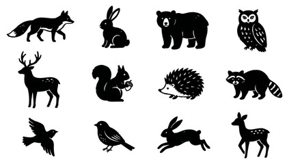 Obraz premium Set of black silhouette woodland animal icons featuring forest creatures in a minimalist graphic design style