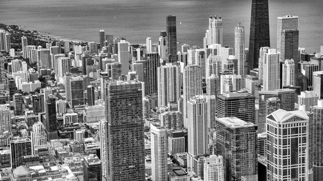 Aerial view of Chicago skyline. Skyscrapers and city landmarks
