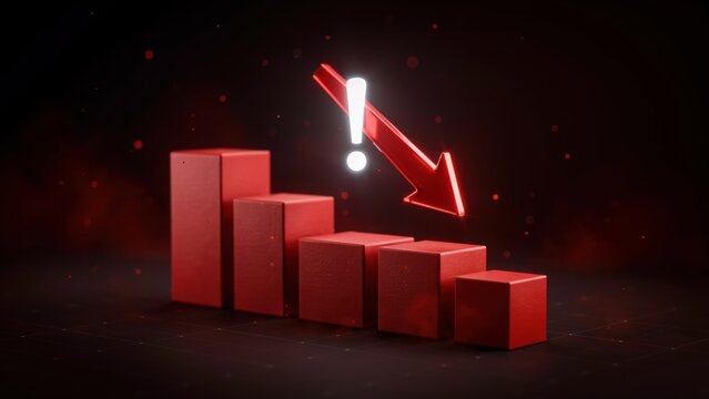 Red bar chart with downward arrow and exclamation mark