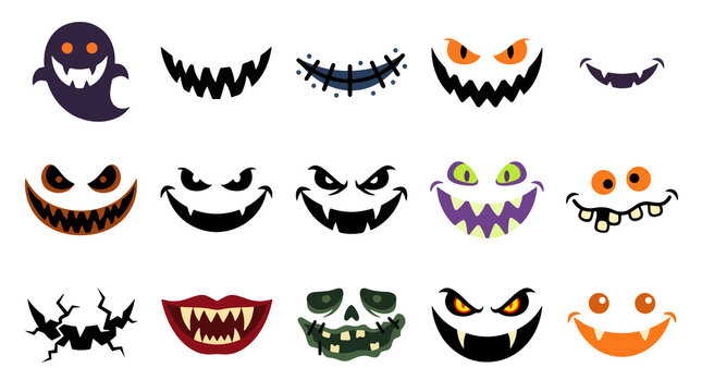 Halloween Scary Monster Face Expressions Flat Vector Icon Set