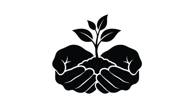 Black vector illustration showing cupped hands protecting a small plant