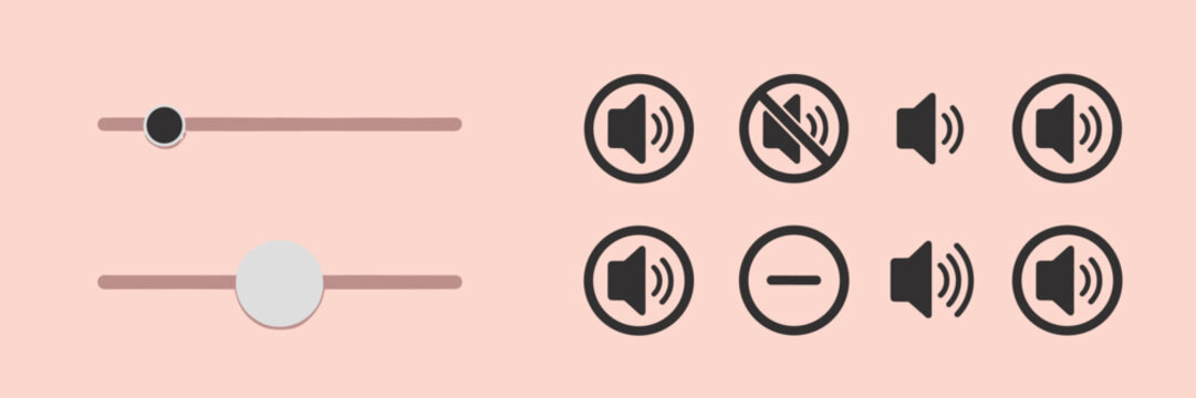 Set of volume control slider bars and audio speaker with mute, minus, and sound level symbols on a light peach background