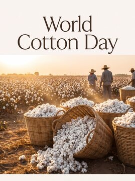 Agricultural Workers Harvesting Raw Cotton in Field for World Cotton Day Celebration