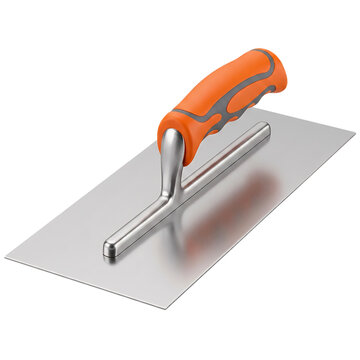 Professional stainless steel plastering trowel with orange ergonomic handle, construction finishing tool for masonry and concrete work, isolated on white background