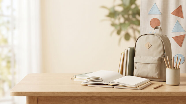scandinavian school desk with backpack notebooks and open book
