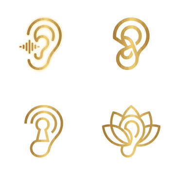 Creative gold ear logos featuring sound wave, keyhole, and lotus motifs.