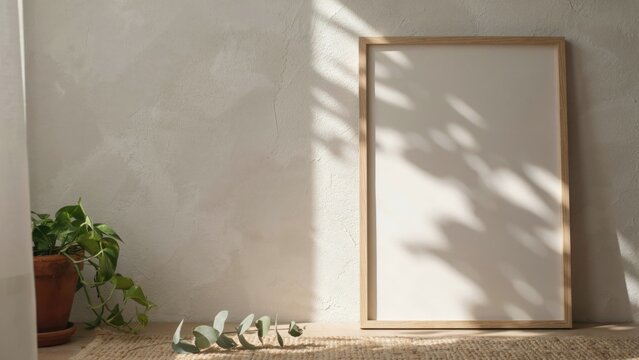 Empty wooden picture frame leaning against a textured beige wall