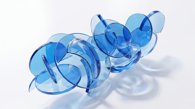 Abstract composition of blue translucent glass interlocking circles and discs on white background.