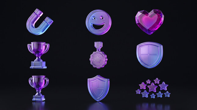 Assorted 3D glass icons for web and gamification.