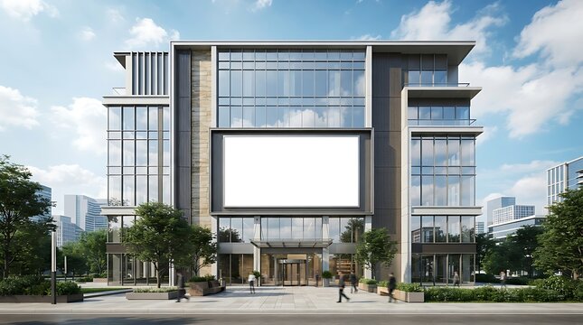 Modern office building exterior with a large blank billboard for advertising