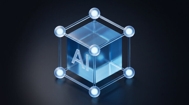 Artificial intelligence glass cube with neural network connections on black background