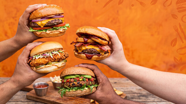 variety of flavorful burgers grasped by people holding different delicious burgers including beef, chicken, BBQ bacon, and veggie burger on orange background