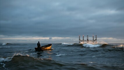 Naklejka premium Sailor Facing Ocean Waves with Offshore Wind Turbines Under Dark Cloudy Sky