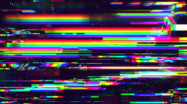Abstract digital glitch art background with colorful horizontal lines.