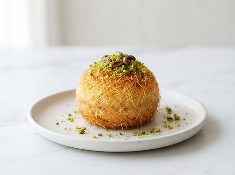 A delicious, goldenbrown kunafa dessert topped with crushed pistachios, served on a minimalist white plate against a soft, bright, neutral background