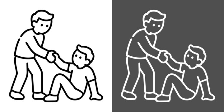 支援者が立ち上がる人を支える介護モノクロ太線アイコン素材