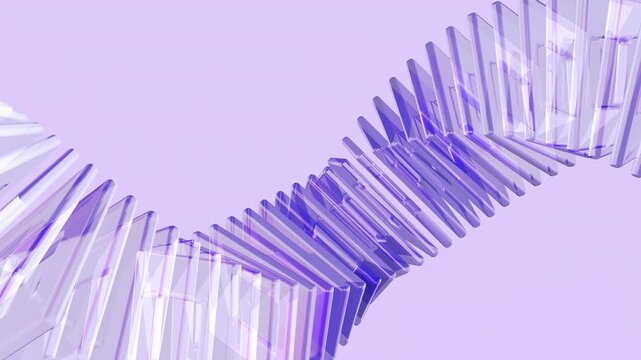 Transparent crystal glass panels forming a flowing abstract wave. Layered translucent rectangles with luminous blue gradient reflections and smooth looping motion on transparent background