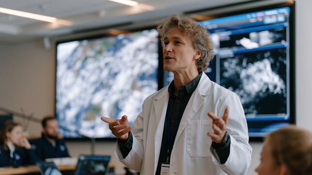 Radiation physicist presenting galactic cosmic ray threat assessment to astronaut corps candidates seated in auditorium, displaying tissue-equivalent phantom dosimetry results