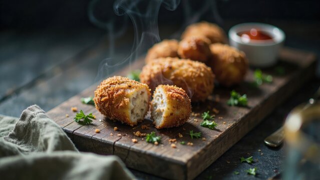 Freshly fried croquettes served on a wooden board with dipping sauce