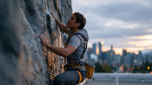 Rock climber bouldering on rain-slicked outdoor urban wall at dusk, headlamp on, chalk bag clipped to harness, wet industrial brick surface with city skyline visible beyond